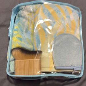 Blue and Yellow Towel Set with Brush and Mitt
